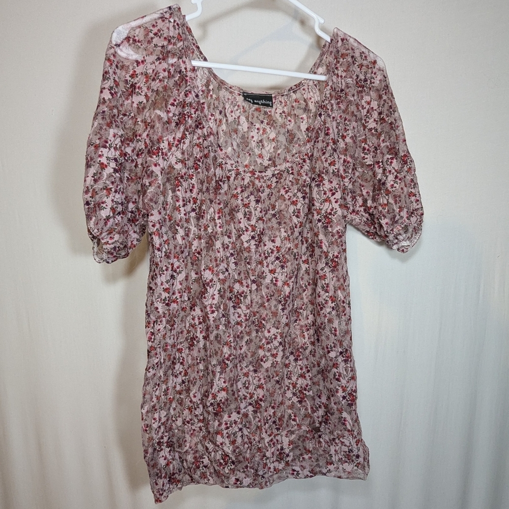Say Anything Light Pink Floral Stretch Top Shirt Blouse Flower Y2K Scoop Neck